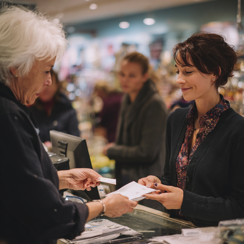 Une caissière refuse un faux chèque cadeau d'une cliente dans un magasin